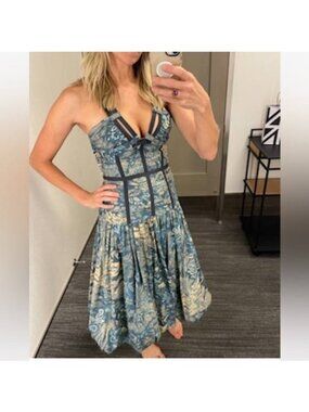 Ulla Johnson Blue Kaia Bubble Hem Corset Midi Dress Size 6